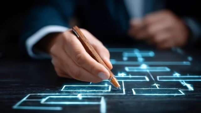 Person drawing digital schematic plan with pen and elegant suit