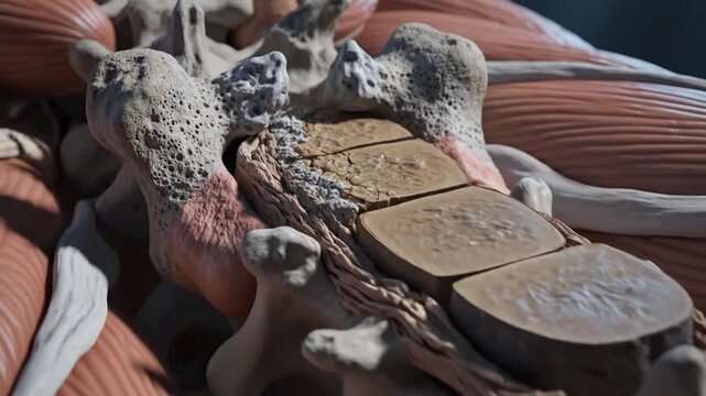 Cinematic medical visualization of a human vertebral spinal disc suffering from degeneration and osteophyte bone spur formation, highlighting anatomical decay and chronic back pain pathology.