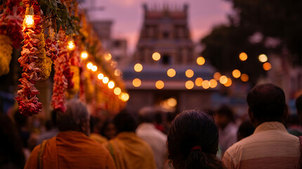 Crowd of hindu devotees gathering at temple with garlands and lights for thaipusam festival evening prayer to worship lord murugan
