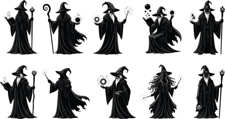 Set of black magic wizard silhouettes, mystical sorcerer characters with staves, glowing orbs, spell books, and wands for fantasy game design. © its