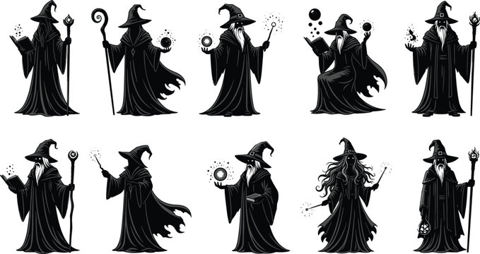 Set of black magic wizard silhouettes, mystical sorcerer characters with staves, glowing orbs, spell books, and wands for fantasy game design.