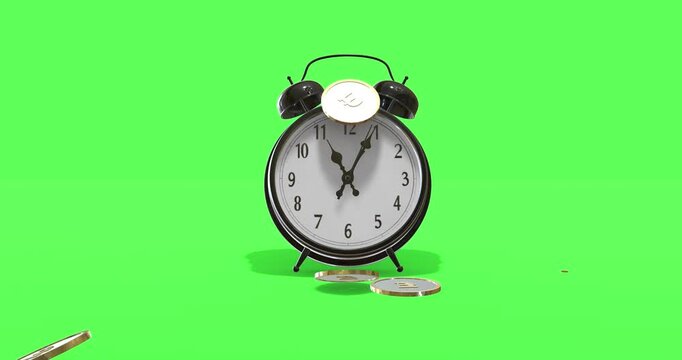 Time is money alarm clock falling currency coins green screen