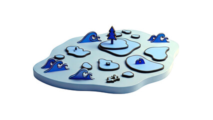 Abstract Blue Landscape with Waves and Tree