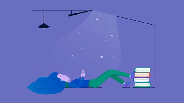 Relaxing Girl Lying on the Floor and Using Smartphone &ndash; Flat Vector Illustration with Books and Cozy Night Atmosphere