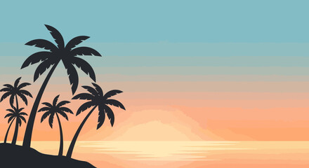 Serene Tropical Sunset with Silhouetted Palm Trees over Calm Ocean