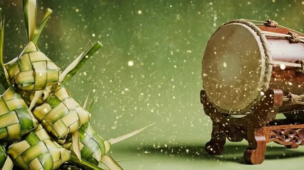 Ketupat and Traditional Drum for Islamic Celebration on Green Festive Background