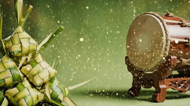 Ketupat and Traditional Drum for Islamic Celebration on Green Festive Background