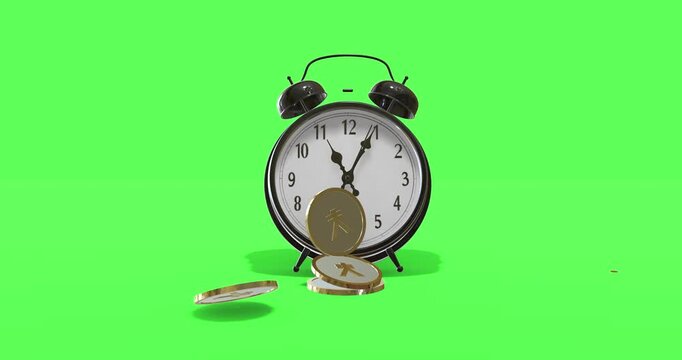 Time is money alarm clock with falling japanese yen on green screen