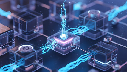 Dynamic wavy blue data streams flow from a central luminous processor connecting diverse transparent nodes across a futuristic digital circuit board.