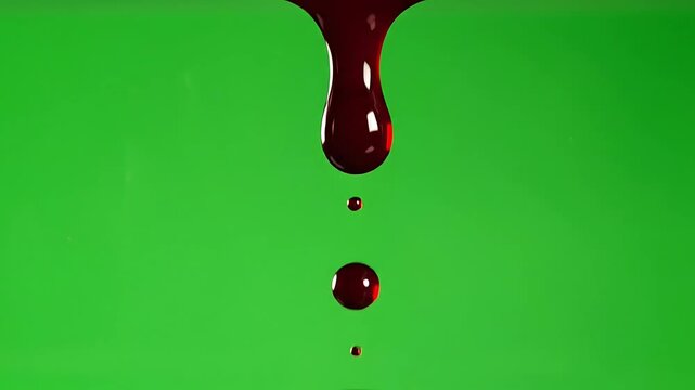 Blood dripping down in slow motion against a green screen background for horror visual effects