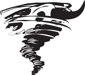 Bull Head Tornado Illustration in Black and White