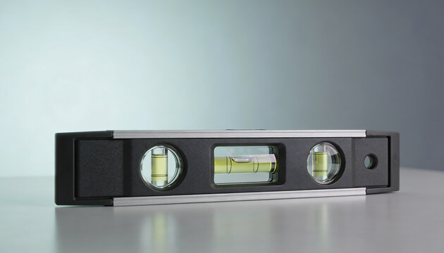 Closeup spirit level tool with centered bubble on minimal studio background concept of precision alignment construction measurement and calibration