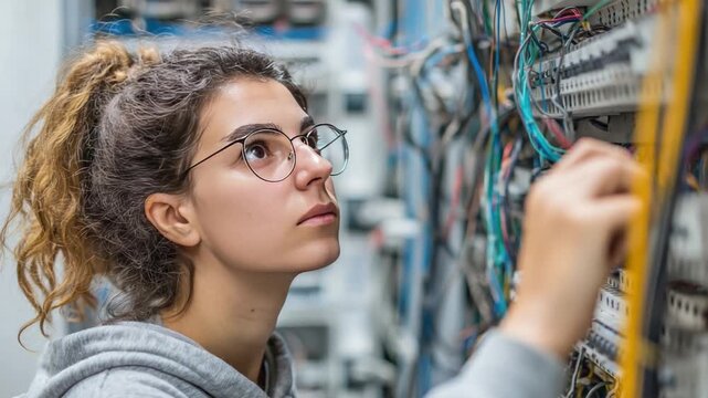 Focused Technician: A dedicated technician meticulously examines the intricate wiring of a server room, concentrating on her task with precision and expertise.