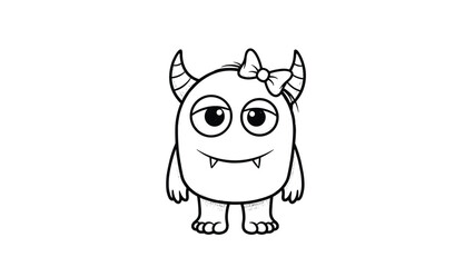 Fototapeta premium Adorable black and white line drawing depicts a small, friendly monster with tiny horns, a wide smile, and a pretty hair bow.