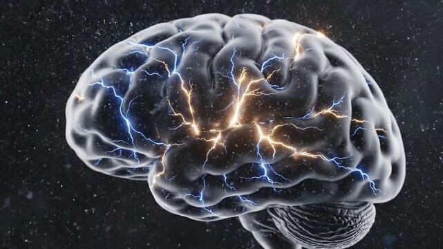 Cinematic glowing human brain lateral view displaying neural activity and cognitive function with vibrant electricity and complex biological structure in high resolution digital illustration