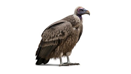 Obraz premium Detailed Hooded Vulture (Necrosyrtes monachus) Full Body Portrait Standing on a White Background, Isolated Cutout of an African Scavenger Raptor Bird of Prey, High-Resolution Studio Shot.