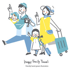 A family of four going on a trip. A colorful and stylish hand-drawn illustration