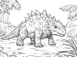 Ankylosaurus Armored Dinosaur Coloring Page Line Art Illustration in Prehistoric Forest Scene © AndEnd