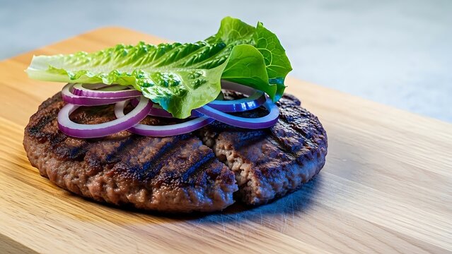 Bosnian Pljeskavica (ground meat patty) with sliced red onion and a lettuce leaf, on a light wood cutting board.
