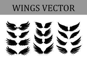 Obraz premium Assortment of black silhouette wing displaying different feather patterns and shapes arranged in three vertical columns against a stark white background with a title banner Keywords: wings, wing
