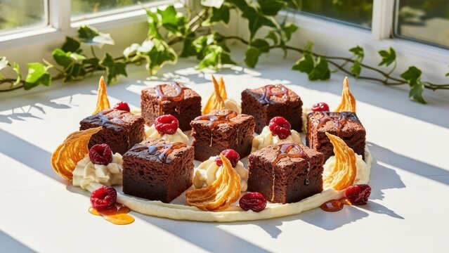 Arrangement of multiple rich chocolate brownies garnished with whipped cream and fresh raspberries on a platter, set near a bright window with greenery