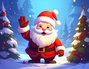 Animated Santa Claus in his red outfit with a big white beard waving in a snow-covered forest with Christmas trees