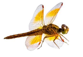 Golden dragonfly close‑up with glowing amber wings on white background, highly detailed macro insect photo, shimmering nature beauty for elegant summer dragonfly designs

