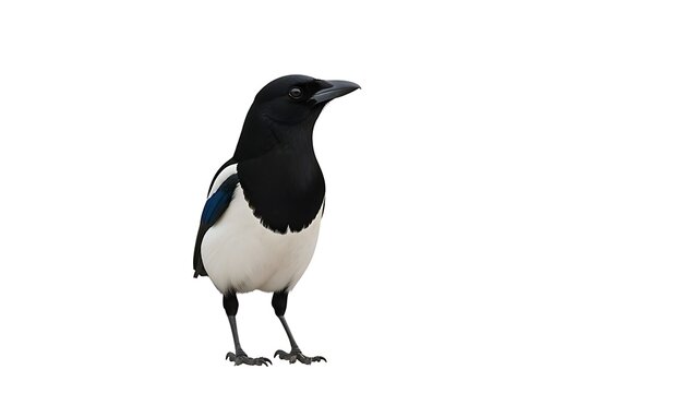 Isolated European Magpie Bird Cutout Standing on Pure White Background | Detailed Wildlife Photography of Pica Pica for Design, Nature Studies, and Educational Materials