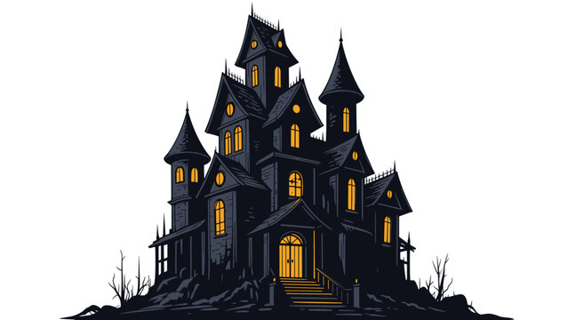 Dark and detailed illustration of a spooky haunted castle with multiple towers and glowing yellow windows on a white background.