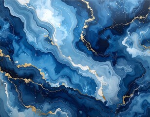 An abstract image featuring swirling blue hues with gold veins creating an elegant and artistic marbled effect
