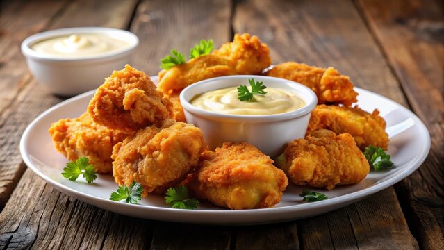 Crispy fried chicken nuggets resting on a white plate surrounded by golden brown batter