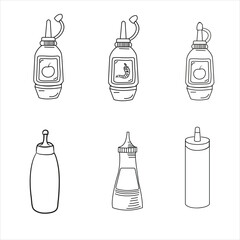 Collection of hand-drawn outline illustrations featuring various condiment and sauce bottles