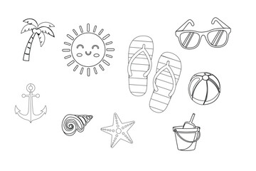 Collection of summer vacation and beach themed line art illustrations for coloring