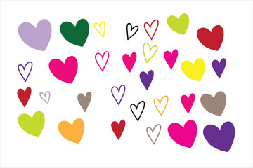 A vibrant collection of hand-drawn colorful hearts in various shades and styles