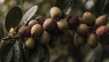 Close-up of small, colorful fruits on a branch with lush leaves