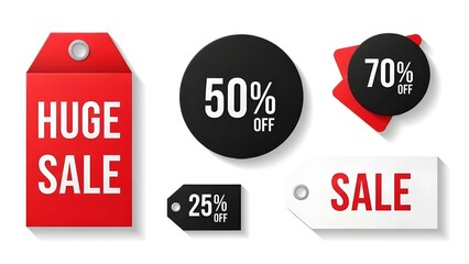 Clean flat-lay composition of modern sale tags in red, black, and white, bold sans-serif typography, “HUGE SALE” and “50% OFF”, floating on a white background, sharp shadows, minimal e-commerce style,