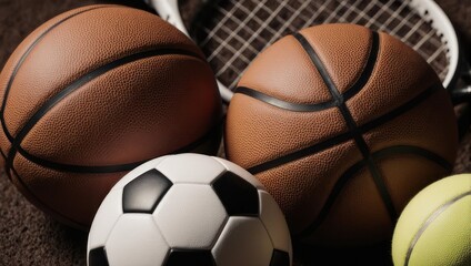 Close-up of various sports balls, tennis racquet on dark surface