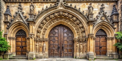 Obraz premium Ancient stone entrance gates with intricate carvings and ornate details leading to a historic church structure