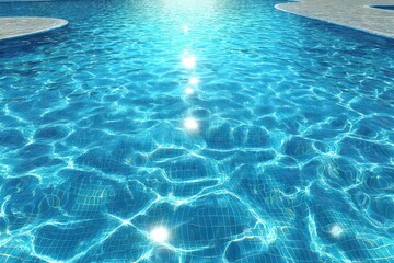 Aqua Blue Swimming Pool Water Surface with Sun Reflections Creates a Tranquil and Serene View for Abstract Backgrounds and Summer Vacation Themes