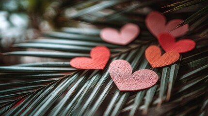Valentine's day. valentine day in tropical concept with red pink heart decoration on palm leaf romantic love nature background holiday card design idea warm feeling