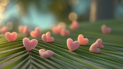 Valentine's day. valentine day in tropical concept romantic pink heart decor on green palm leaf with sunlight soft focus bokeh background dreamy love holiday card design