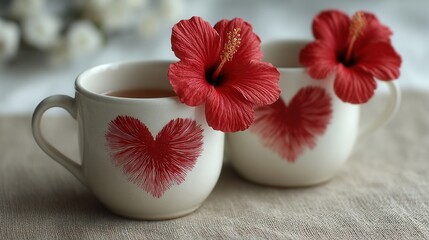 Valentine's day. valentine day in tropical concept romantic coffee cup with red hibiscus flower and heart print design on table cozy holiday breakfast background warm love mood couple scene