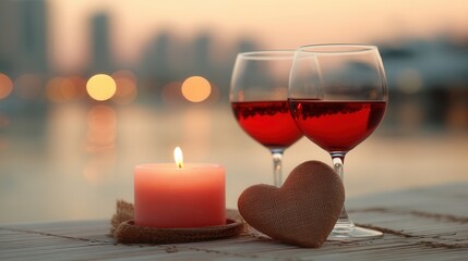Valentine's day. romantic valentine day in tropical concept sunset wine glass candle heart decoration on table outdoor date evening atmosphere warm light city background bokeh reflection