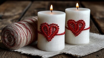 Valentine's day. Valentine day in tropical concept romantic white candle with red heart decoration burning flame on rustic wooden table cozy holiday mood love detail closeup