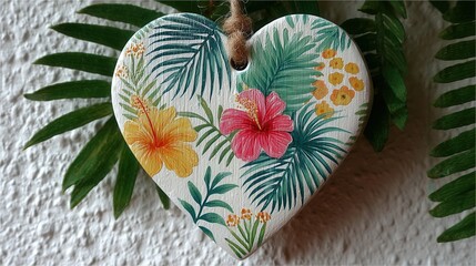 Valentine's day. valentine day in tropical concept heart decoration with hibiscus flower and leaf pattern hanging on fern background for romantic holiday greeting card design