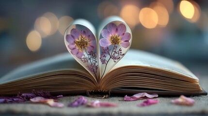 Valentine's day. valentine day in tropical concept romantic book page heart flower petal glow dreamy bokeh background cozy love reading scene soft light