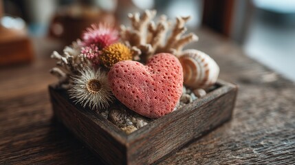 Valentine's day. Valentine day in tropical concept rustic wooden box holding pink heart coral romantic decoration with dried flower shell and sand on table warm natural light