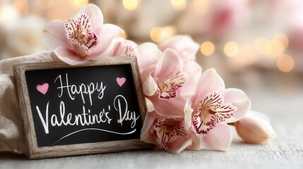 Valentine's day. valentine day in tropical concept romance card with orchid flower and happy text on chalkboard against soft bokeh light background for love greeting