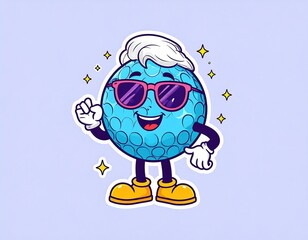 Animated, smiling golf ball character wearing sunglasses, a stylish hairstyle, and shoes on a light blue background