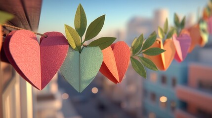 Valentine's day. valentine day in tropical concept paper heart garland pastel color balcony decoration at sunset romantic city view celebration mood with soft focus bokeh background